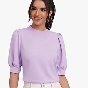 SheIn Women's Puff Sleeve Casual Solid Top Pullover Keyhole Back Blouse